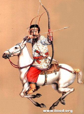 战国赵武灵王胡服骑射复原图。胡服袍参照洛阳金村出土战国银人像；冠根据文字记载，参照汉代出土实物设计； ...